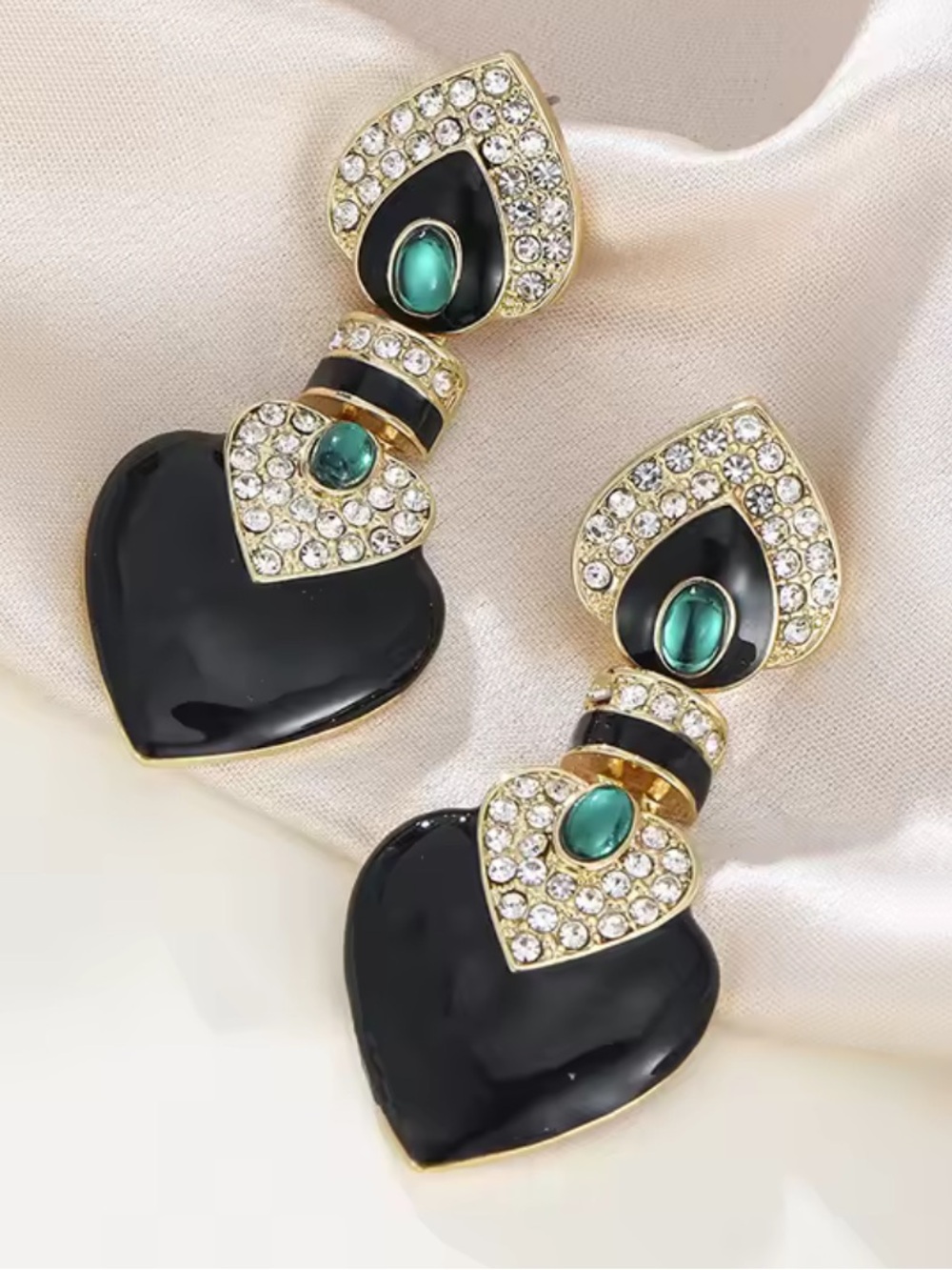 Anthropologie Black Heart Drop Earrings with Teal Accents